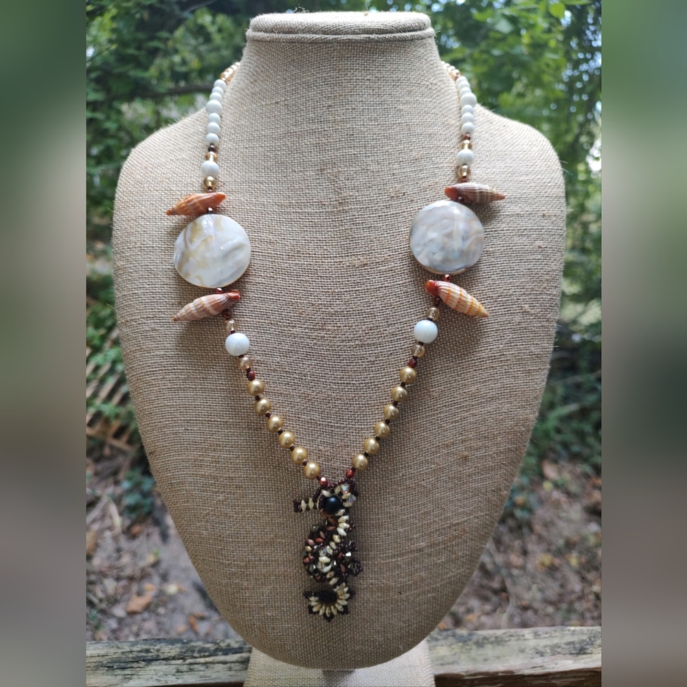 Handmade Seahorse necklace with Swarovski crystals and real shells
